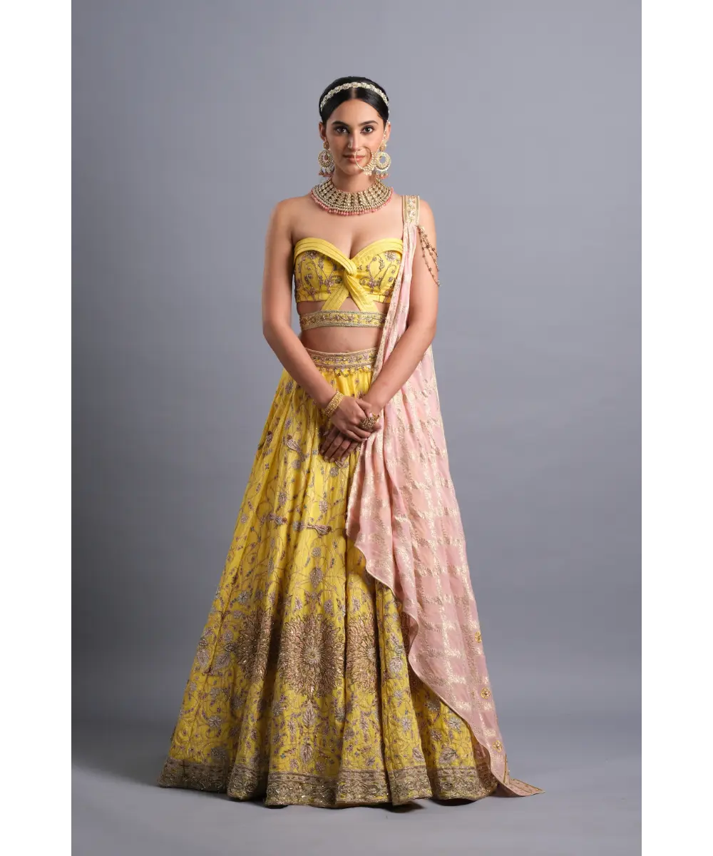 AASTHA SOOD - Canary yellow hand Embroidered Lehenga - The perfect Bridesmaid look